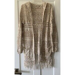 Mudd Open Hooded Fringed Crocheted Cardigan W/ Pockets Juniors Large Color Beige